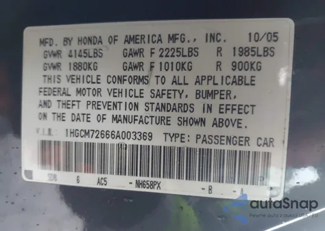 2006 Honda Accord 2.4 Ex from USA, damaged, VIN 1HGCM72666A003369